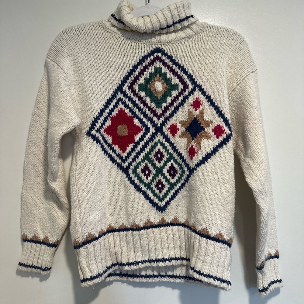 VTG Liz Claiborne Petite Geometric Cotton Diamond Knit Winter Christmas Sweater.